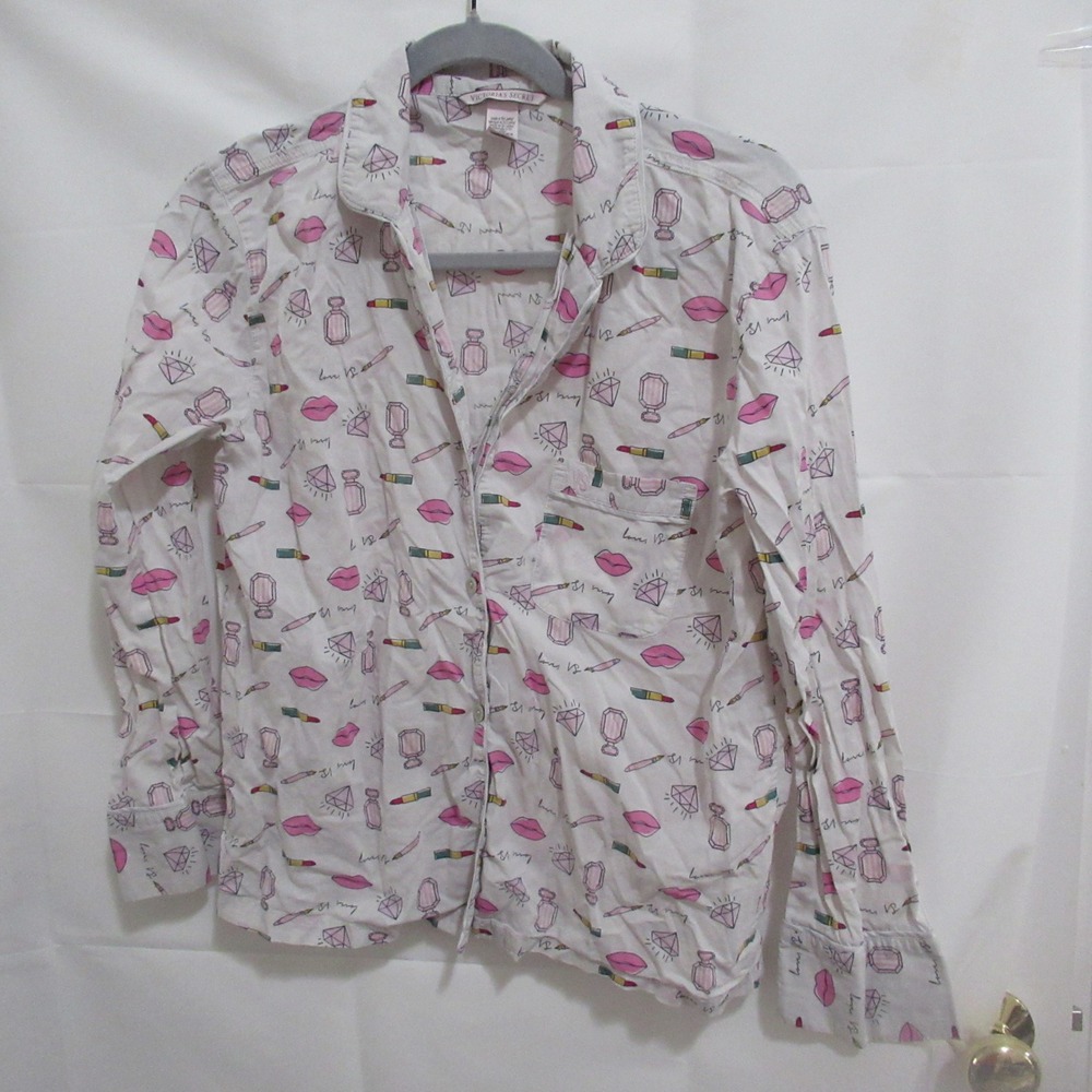 Victoria's Secret Pajama Top Womens XS White Lips Diamond Print Button Up